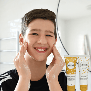 boy using MEBEME Skincare balancing duo of cleanser and moisturiser