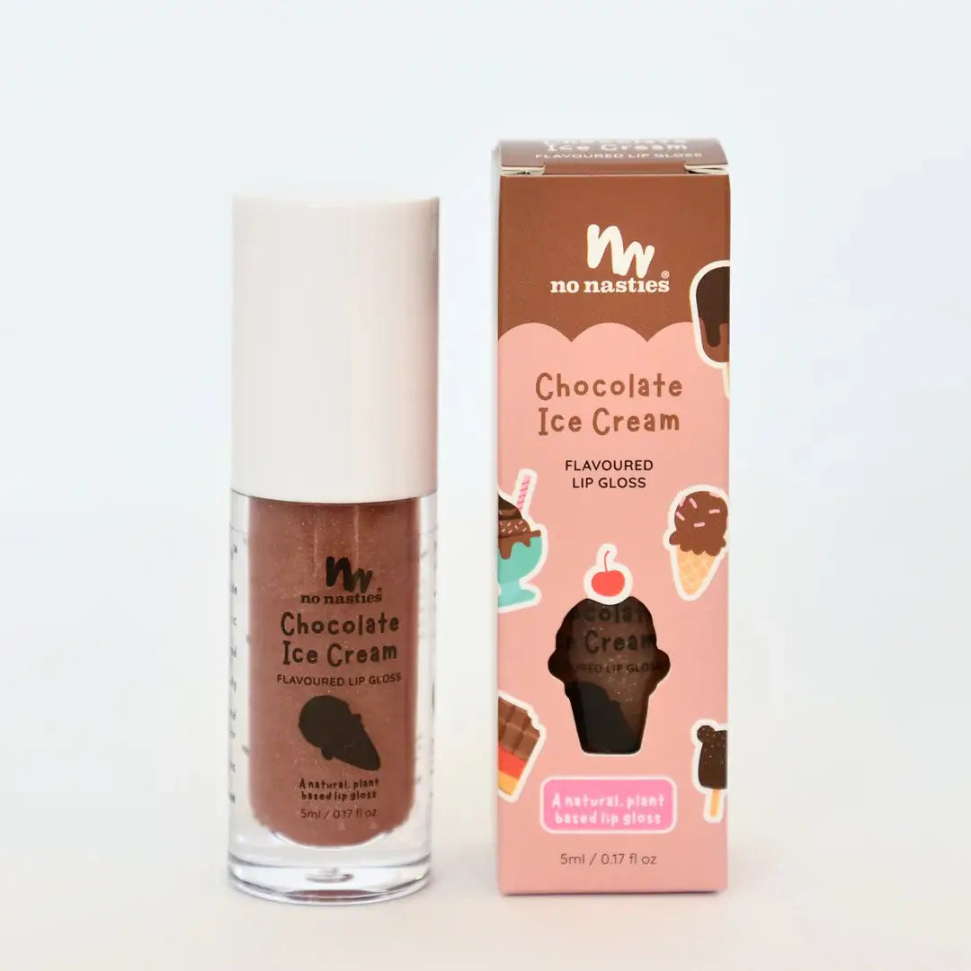 natural chocolate ice cream lip gloss with chocolate in the background