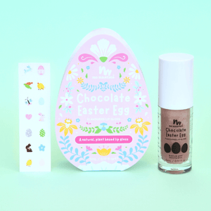 An easter egg with natural chocolate flavoured lip gloss and easter nail stickers