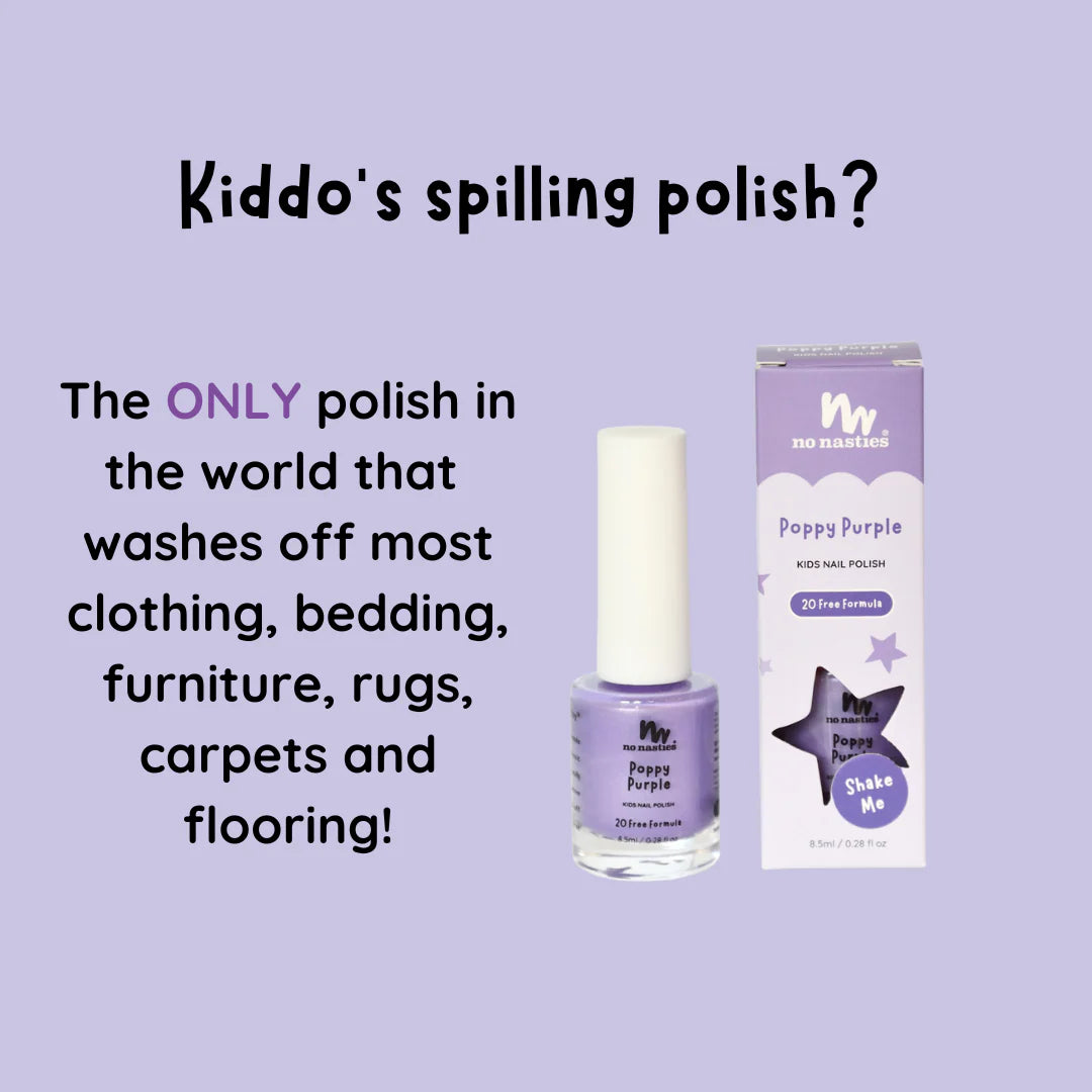 purple non toxic kids nail polish on purple and white background